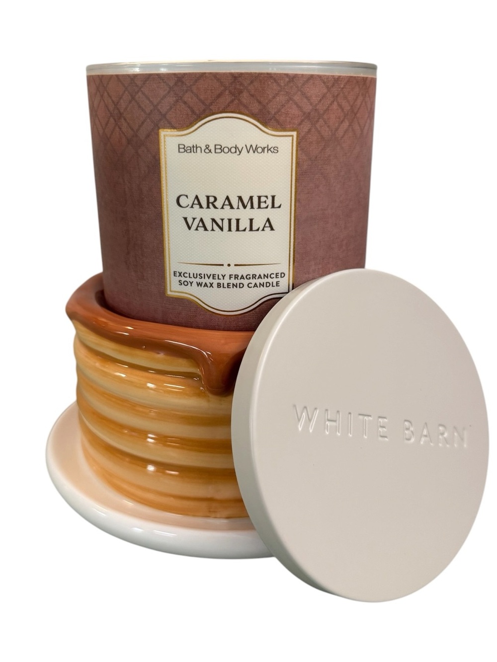 2-Pc Bath & Body Works PANCAKE STACK 3-Wick Candle Holder CARAMEL VANILLA Set - Picture 8 of 10